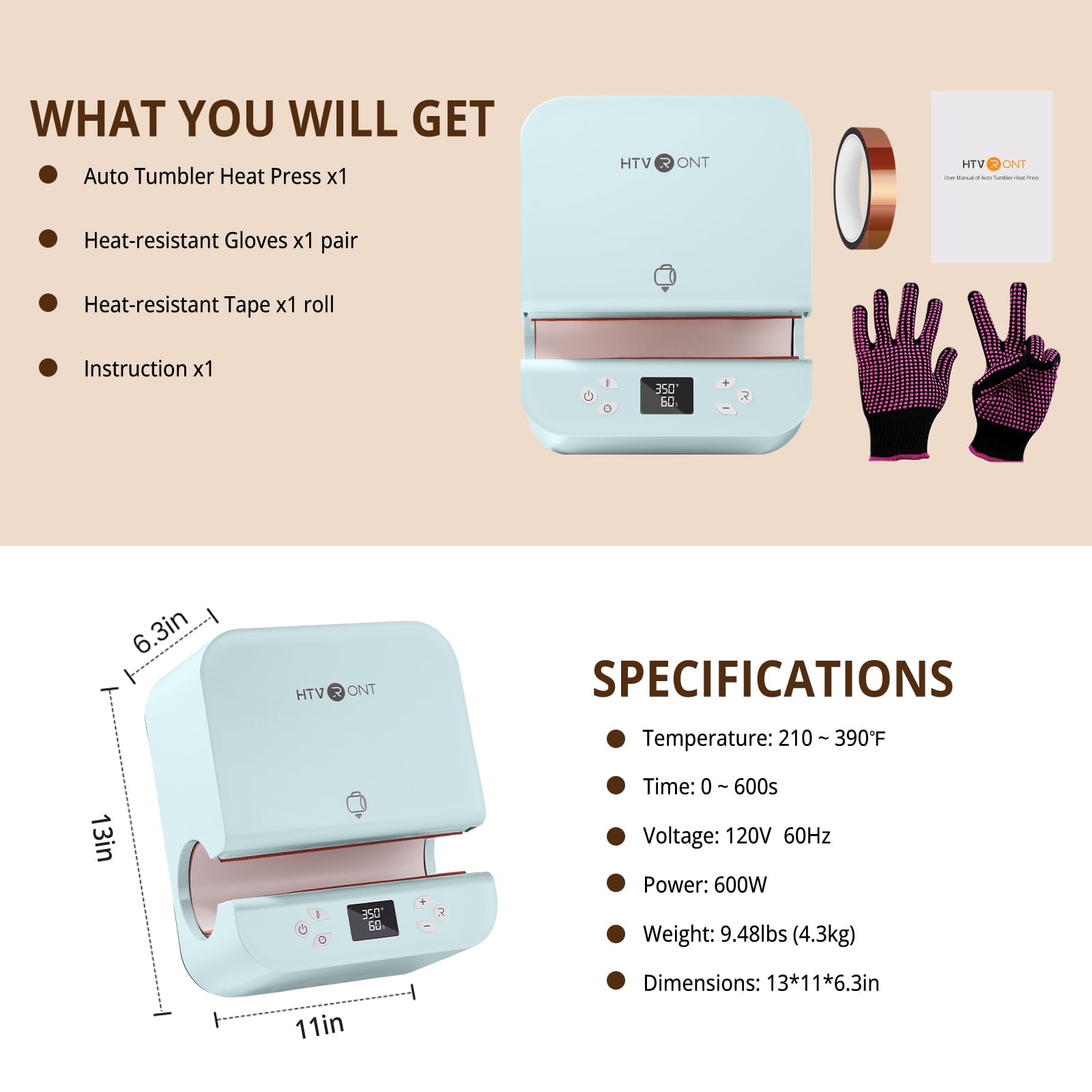 HTVRONT Auto Tumbler Heat Press Machine - Mug Heat Press Heat Up Fast & Even, Professional Tumbler Press High-Security for 2.9-3.2inch Sublimation Tumblers, Cups, Glasses and Mugs (Blue) - Image 7