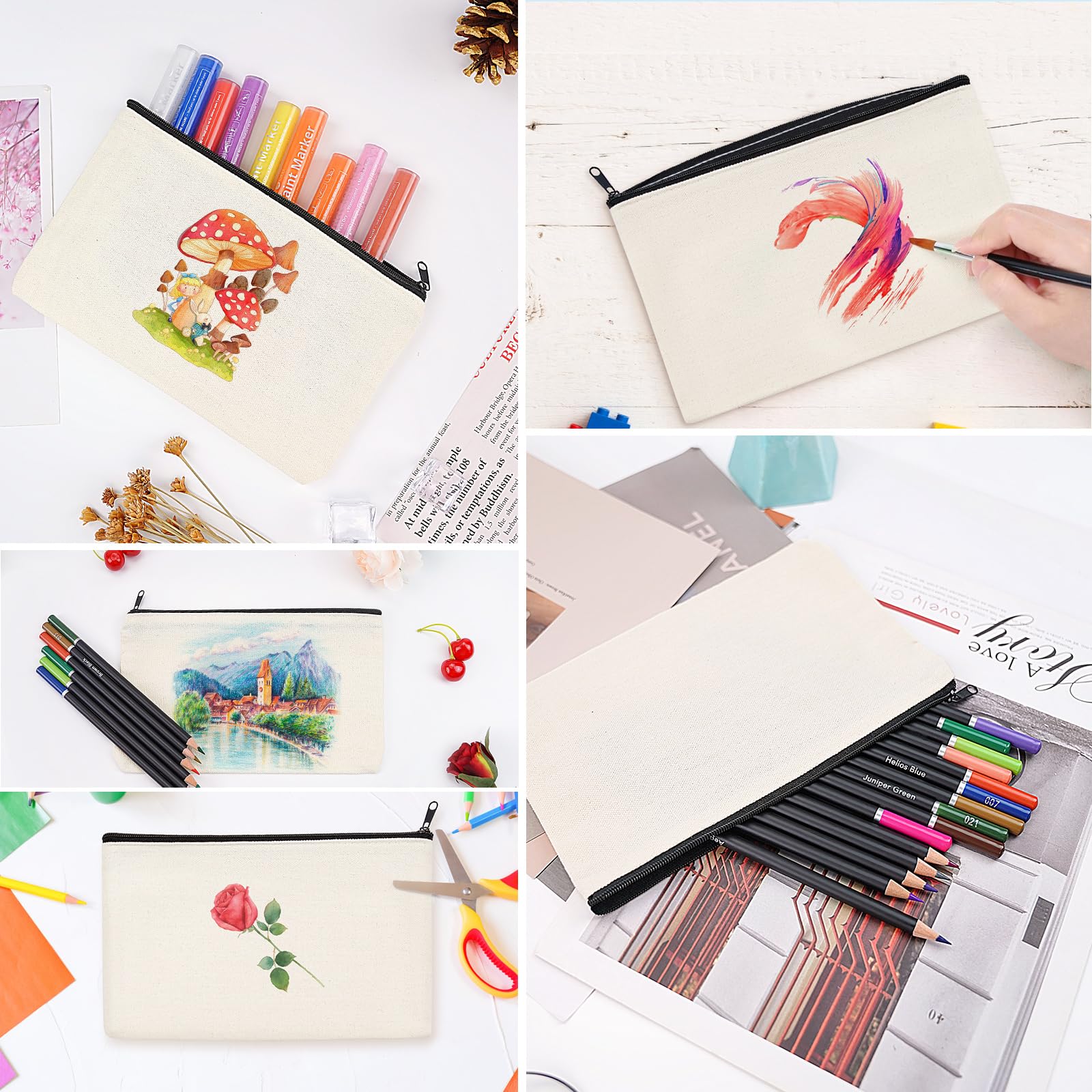 HTVRONT Blank Canvas Makeup Bags 10 Pack, Sublimation Blanks Cosmetic Bags, DIY Heat Transfer Canvas Pen Case Pencil Bags, Beige Multi-Purpose Travel Toiletry Zipper Bags (10pcs 8.3 × 5 Inch) - Image 4