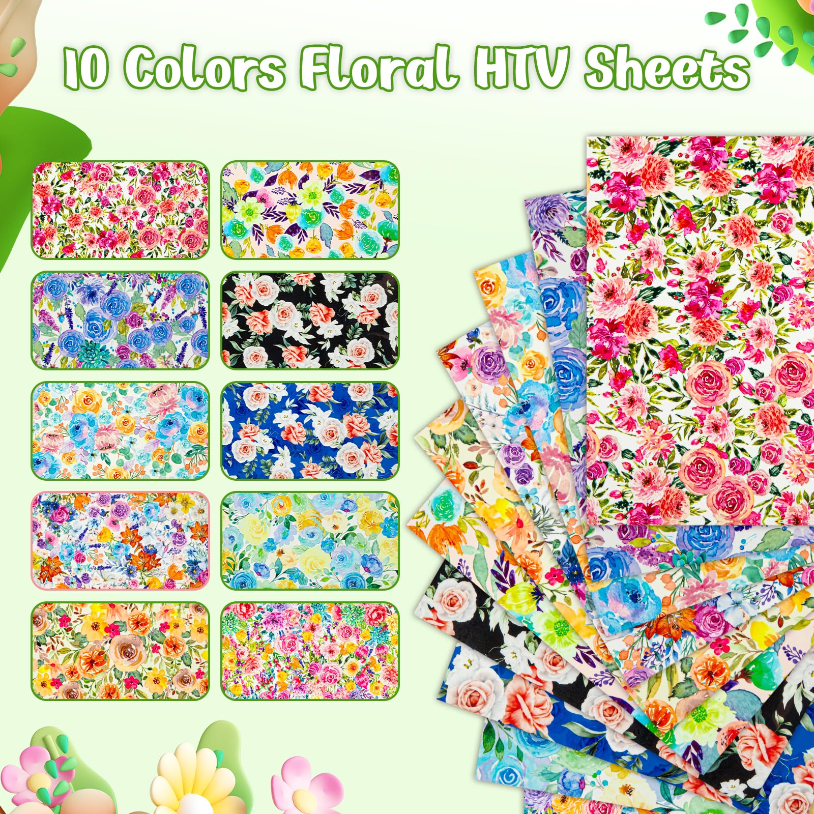 HTVRONT Floral Heat Transfer Vinyl - 12"x10" Watercolor Flower Iron On Vinyl Sheets, 11 Packs Pattern HTV with 1 PTFE Sheet, Patterned HTV Vinyl Bundle for Spring Clothing Costume - Image 3