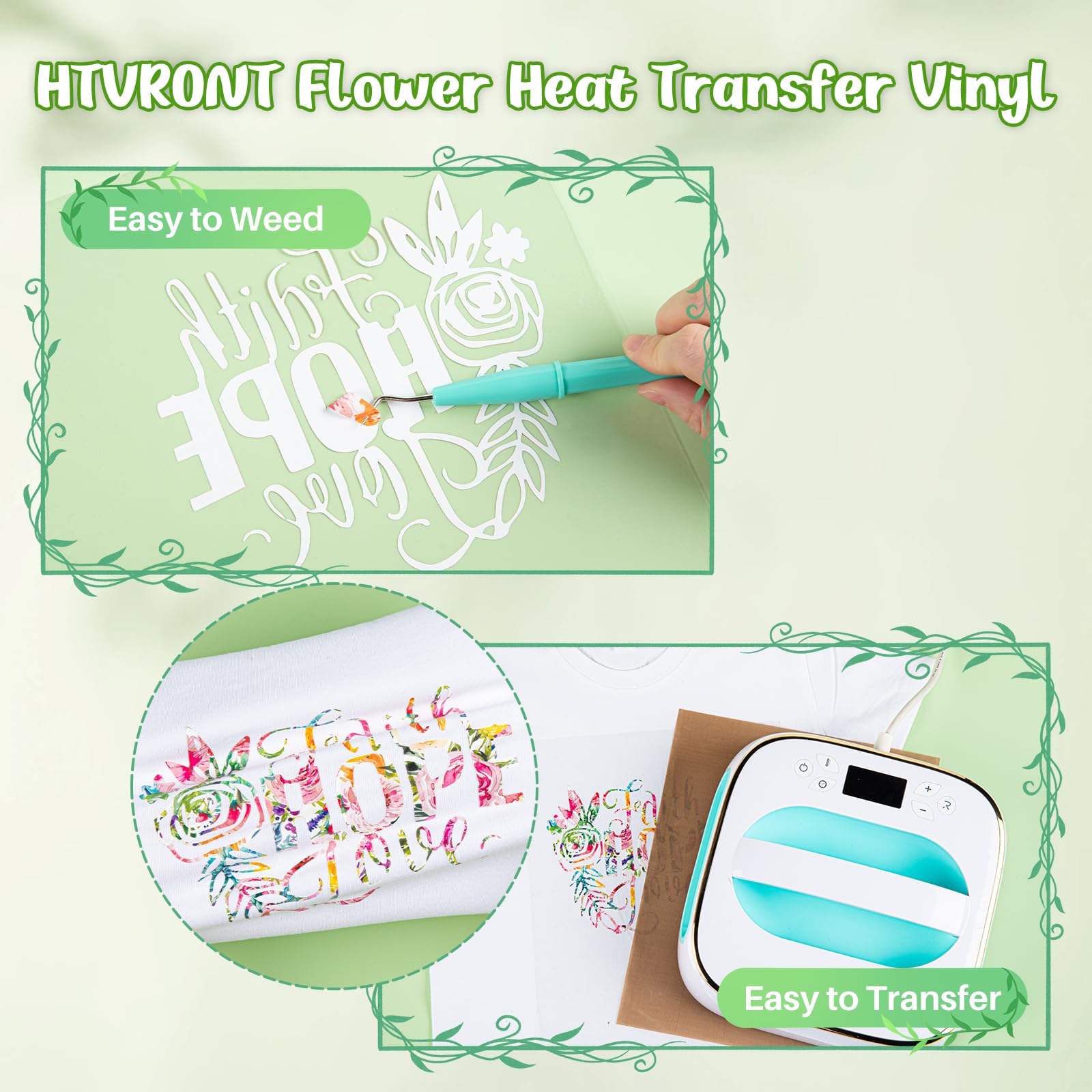 HTVRONT Floral Heat Transfer Vinyl - 12"x10" Watercolor Flower Iron On Vinyl Sheets, 11 Packs Pattern HTV with 1 PTFE Sheet, Patterned HTV Vinyl Bundle for Spring Clothing Costume - Image 5