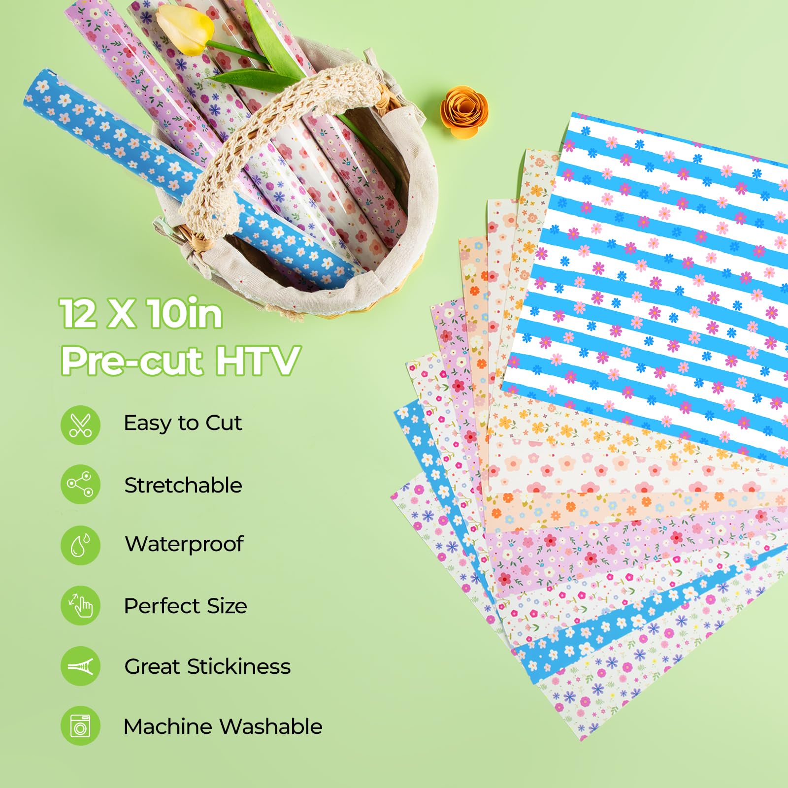 HTVRONT Floral HTV Heat Transfer Vinyl - 11 Packs Iron on Vinyl for T-Shirts, HTV Vinyl with 1 PTFE Sheet - 12 * 10in Floral Patterned HTV for Mother's Day - Image 4