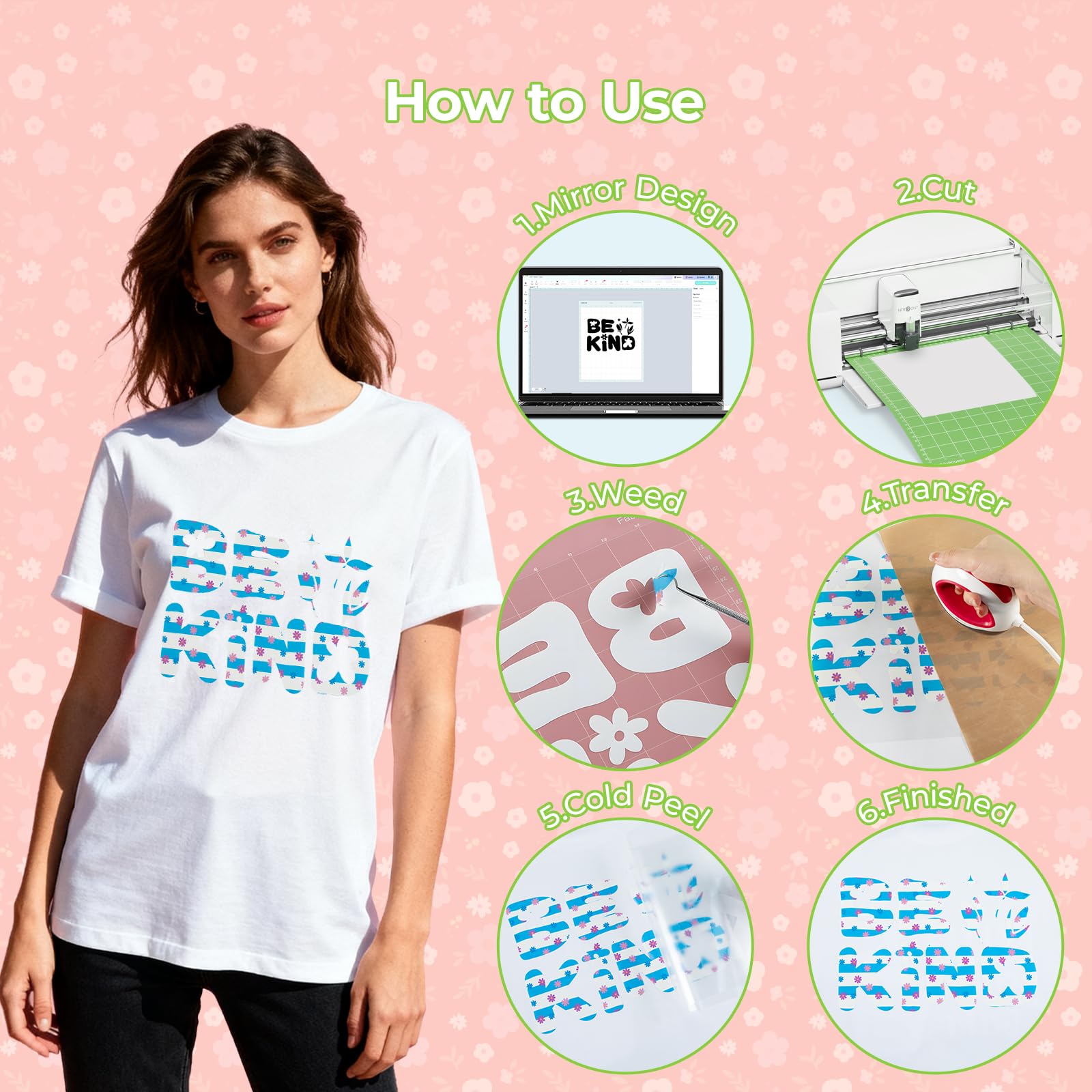 HTVRONT Floral HTV Heat Transfer Vinyl - 11 Packs Iron on Vinyl for T-Shirts, HTV Vinyl with 1 PTFE Sheet - 12 * 10in Floral Patterned HTV for Mother's Day - Image 6