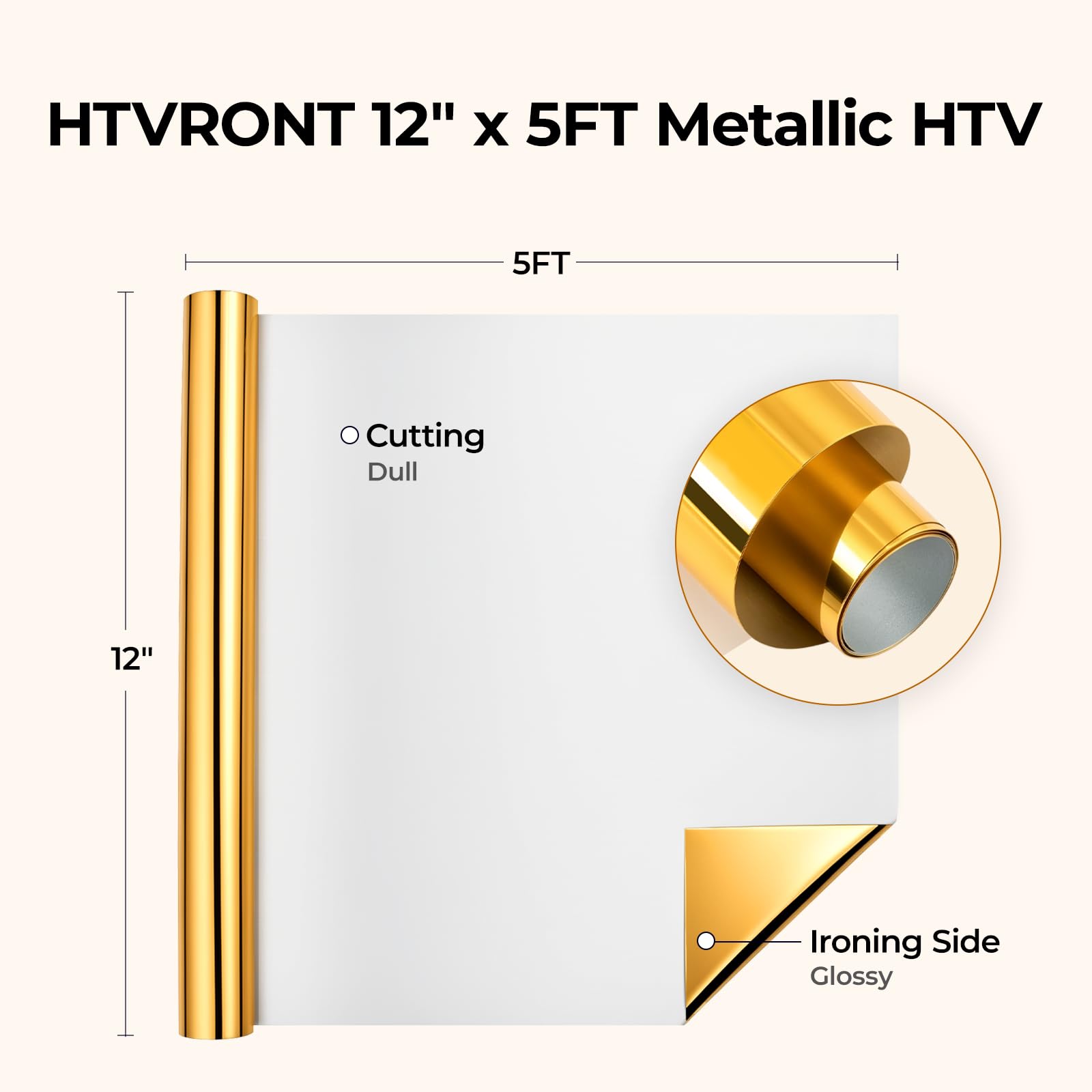 HTVRONT Gold Metallic HTV Vinyl - 12”x 5ft Gold Iron on Vinyl Roll, Heat Transfer Vinyl for All Cutting Machines, Easy to Cut & Weed for T-Shirts & Custom Heat Vinyl Designs - Image 3
