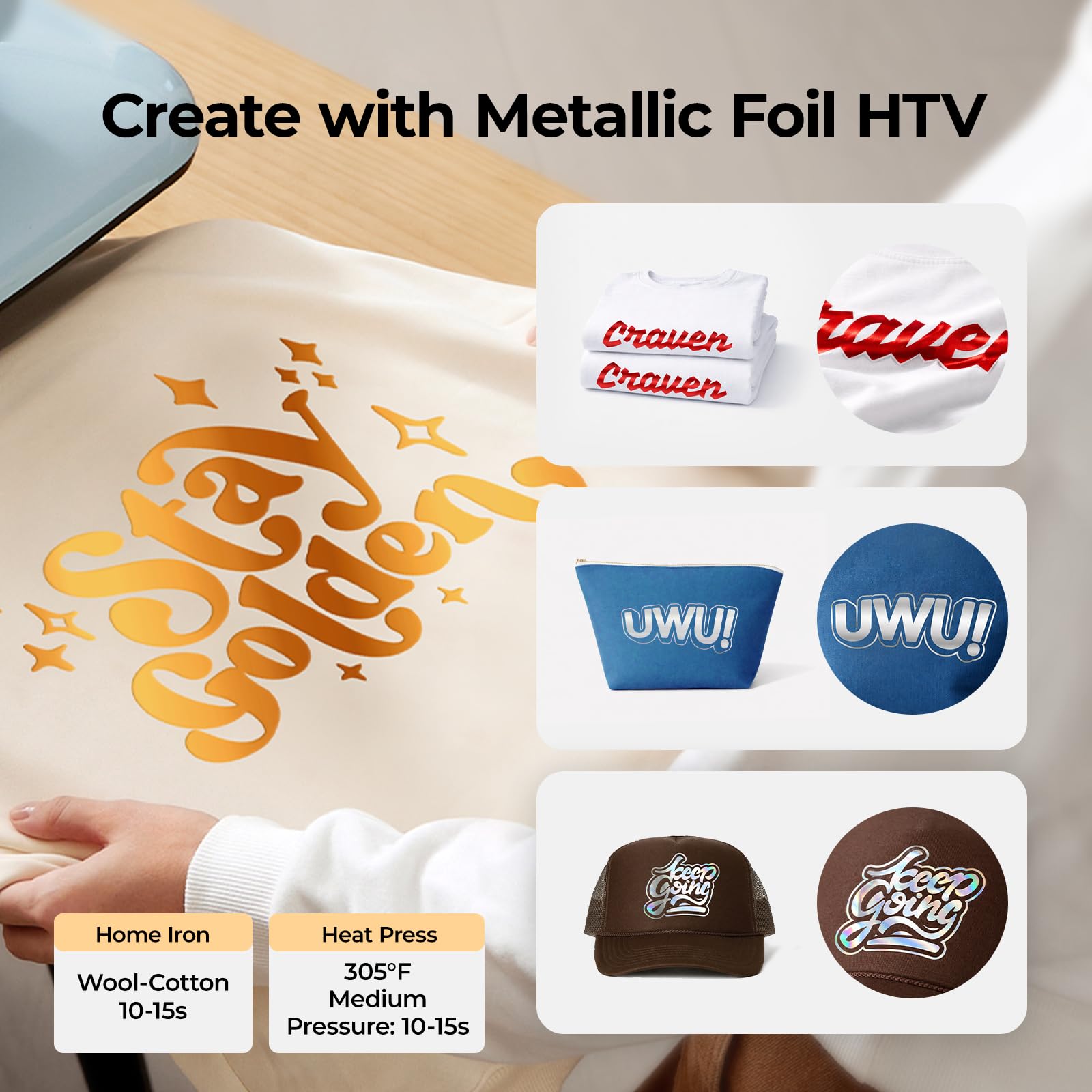 HTVRONT Gold Metallic HTV Vinyl - 12”x 5ft Gold Iron on Vinyl Roll, Heat Transfer Vinyl for All Cutting Machines, Easy to Cut & Weed for T-Shirts & Custom Heat Vinyl Designs - Image 6