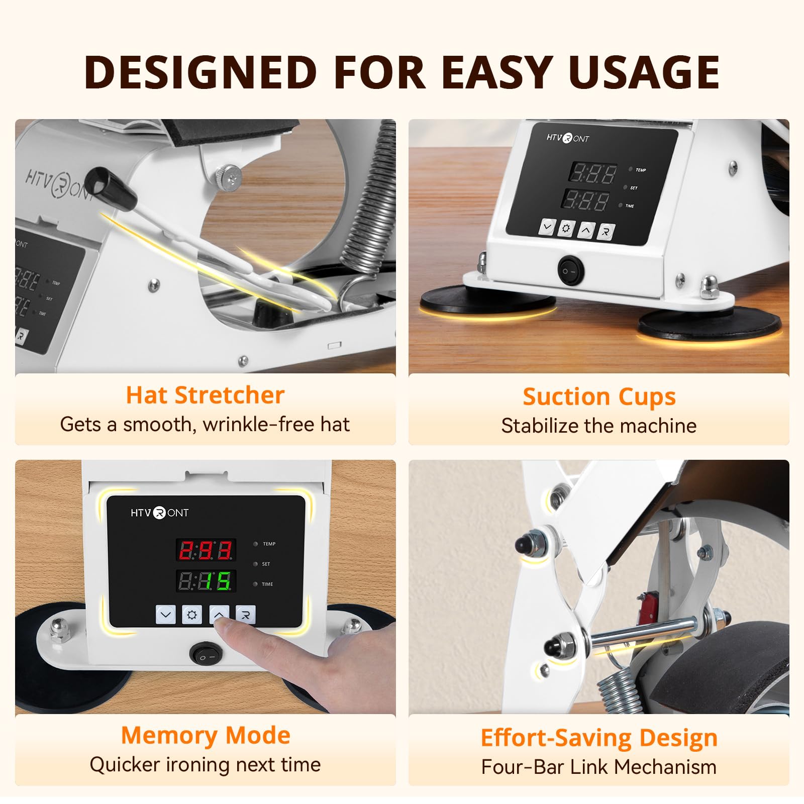 HTVRONT Hat Press Machine - Hat Press Heat Machine for Caps with 2 Platens & Caps Stretcher, White Hat Heat Press Machine for Caps with Memory Mode and Non-Slip Base for Heat Transfer Vinyl - Image 5