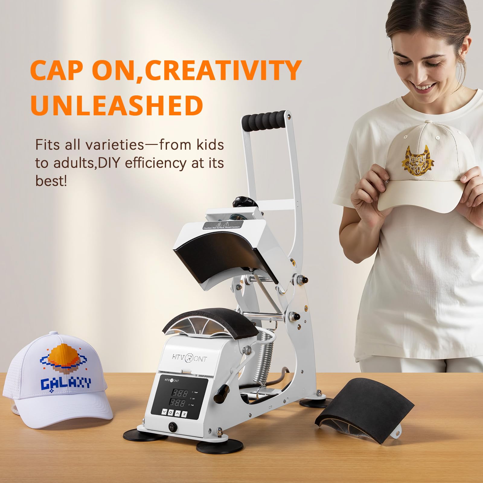 HTVRONT Hat Press Machine - Hat Press Heat Machine for Caps with 2 Platens & Caps Stretcher, White Hat Heat Press Machine for Caps with Memory Mode and Non-Slip Base for Heat Transfer Vinyl - Image 9