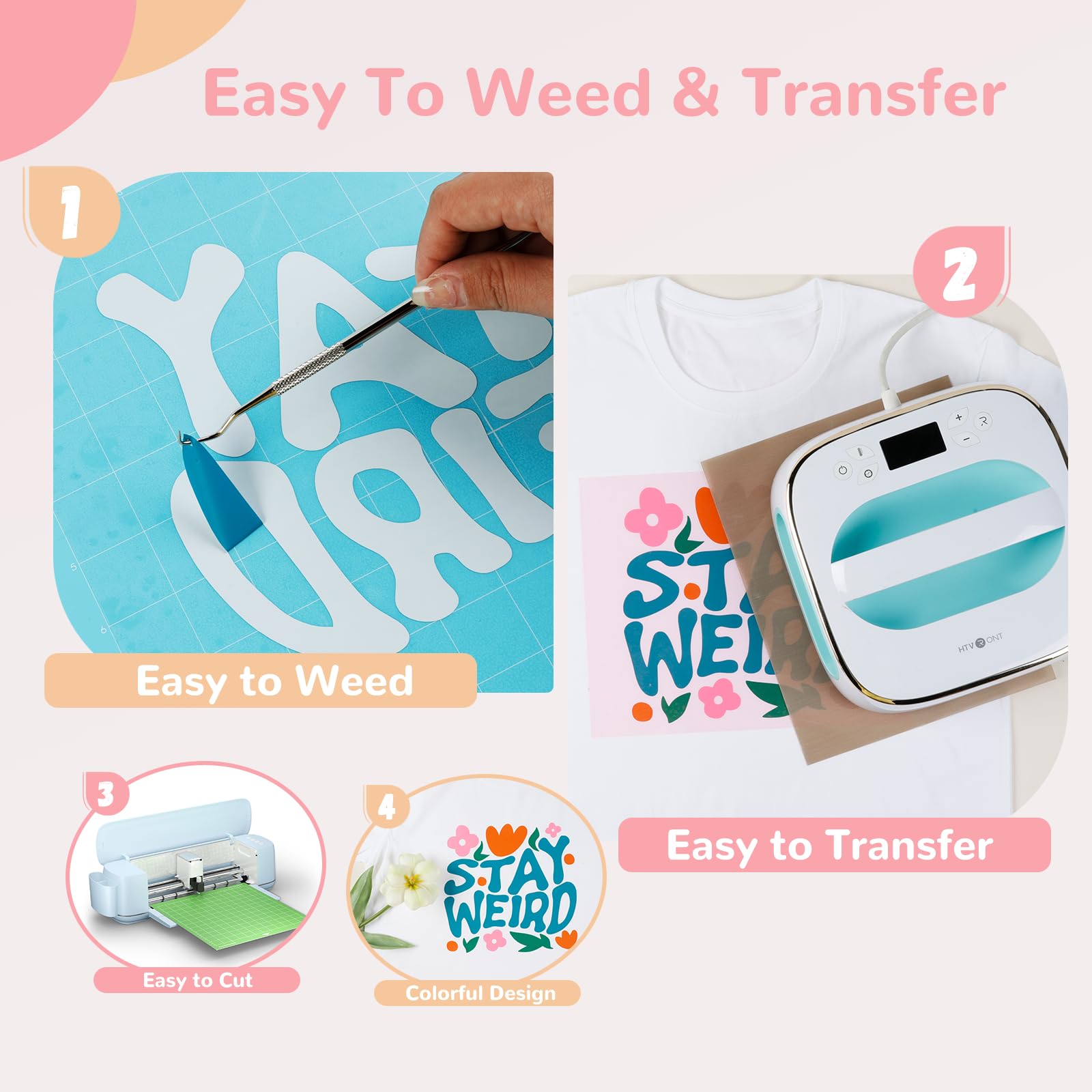 HTVRONT HTV Heat Transfer Vinyl Bundle: 47 Pack 12" x 10" Iron on Vinyl for T-Shirt, 33 Assorted Colors with HTV Accessories Tweezers, Silhouette Cameo or Heat Press Machine - Image 3