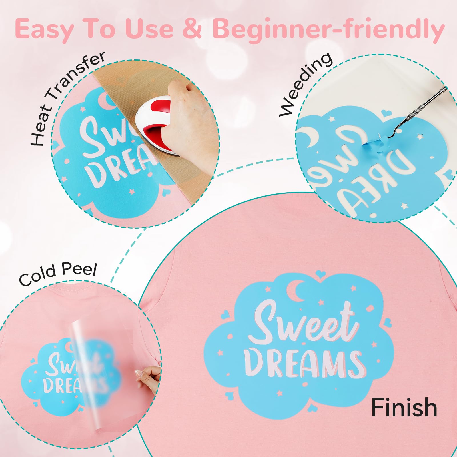 HTVRONT HTV Heat Transfer Vinyl Bundle: 47 Pack 12" x 10" Iron on Vinyl for T-Shirt, 33 Assorted Colors with HTV Accessories Tweezers, Silhouette Cameo or Heat Press Machine - Image 4