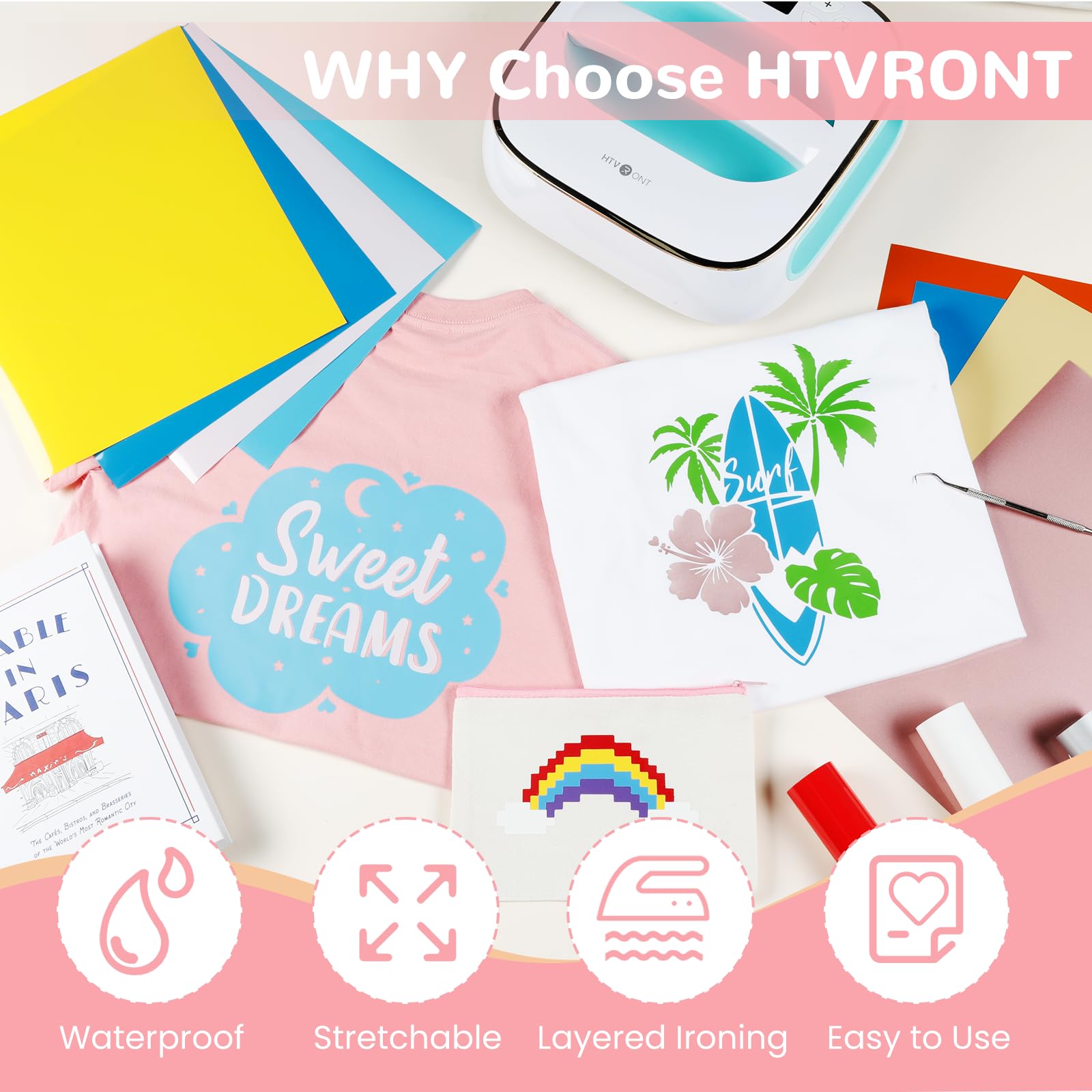 HTVRONT HTV Heat Transfer Vinyl Bundle: 47 Pack 12" x 10" Iron on Vinyl for T-Shirt, 33 Assorted Colors with HTV Accessories Tweezers, Silhouette Cameo or Heat Press Machine - Image 6