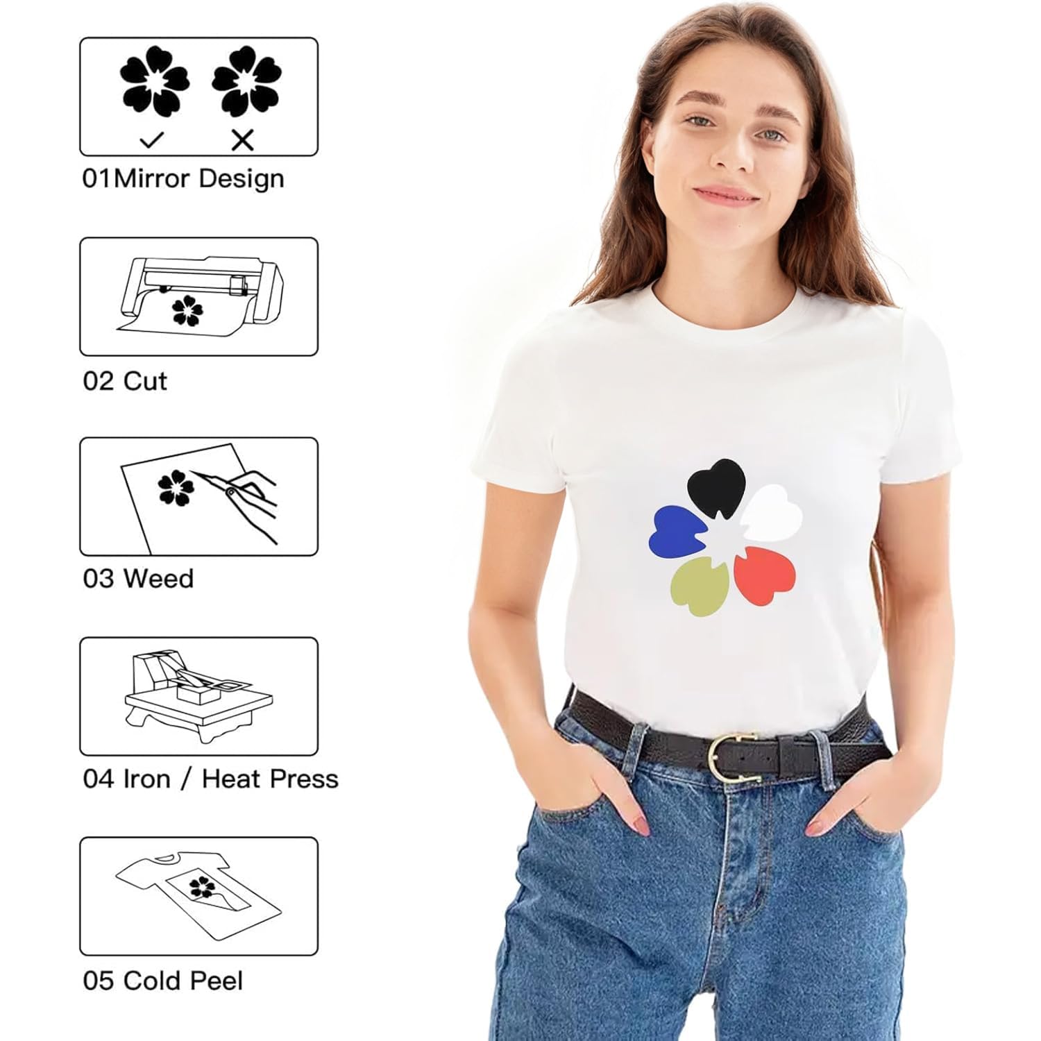 HTVRONT HTV Roll Heat Transfer Vinyl - 12" x 8ft White HTV Vinyl for Shirts, Iron on Vinyl for All Cutting Machine - Easy to Cut & Weed for Heat Transfer Design (White) - Image 6