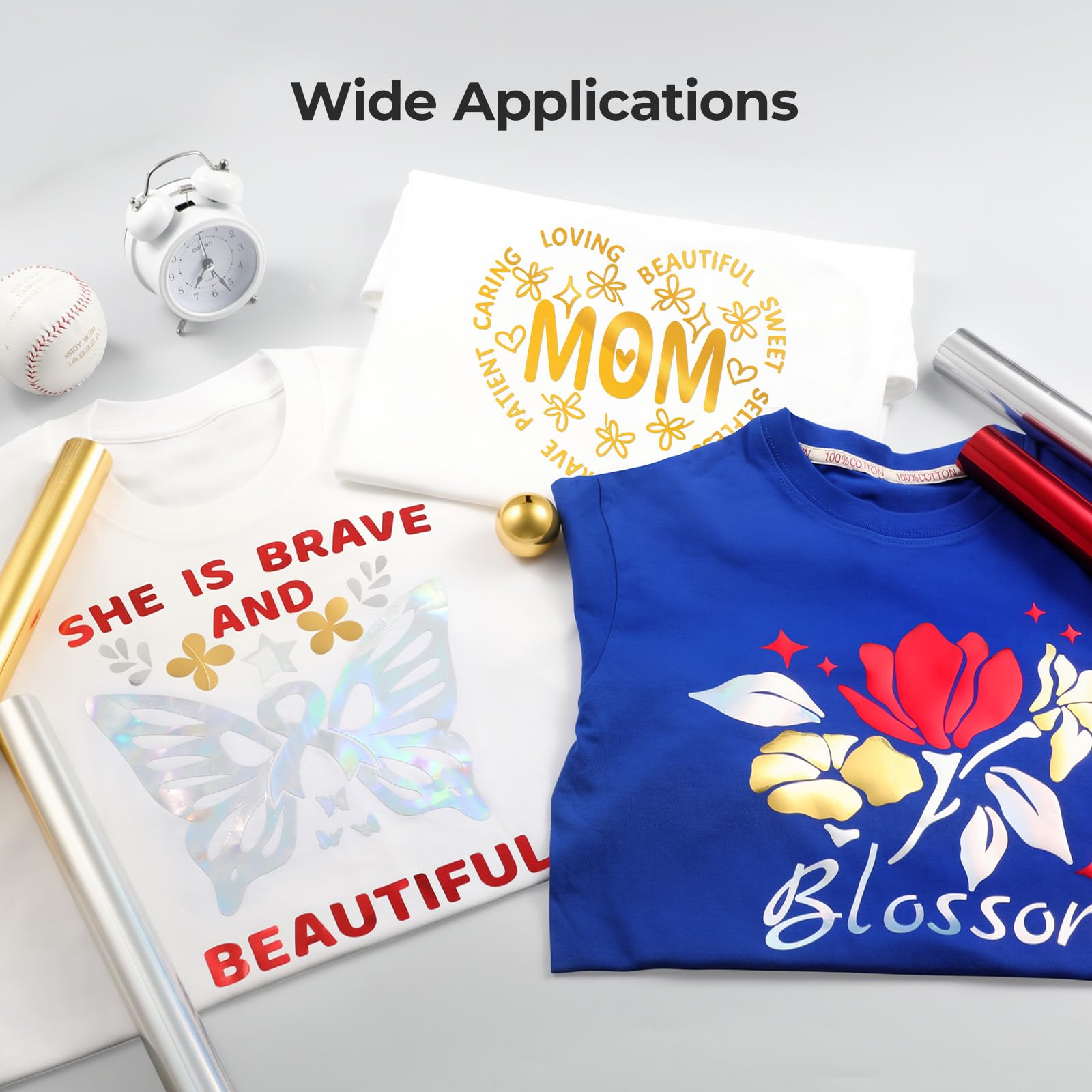 HTVRONT Metallic Gold Heat Transfer Vinyl - 12in x 8ft Iron on Vinyl, Easy to Weed & Transfer Metallic HTV Vinyl - Gold Foil HTV for T-Shirts Compatible with Cricut Cutting Machine - Image 4