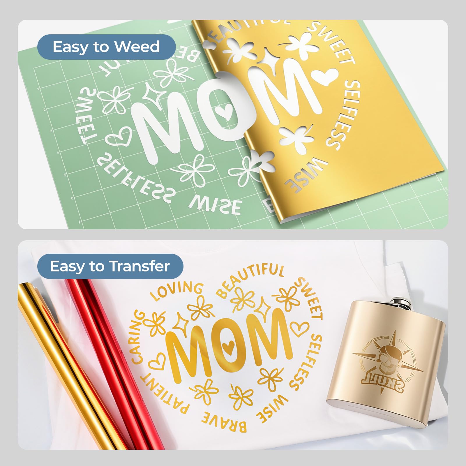 HTVRONT Metallic Gold Heat Transfer Vinyl - 12in x 8ft Iron on Vinyl, Easy to Weed & Transfer Metallic HTV Vinyl - Gold Foil HTV for T-Shirts Compatible with Cricut Cutting Machine - Image 5