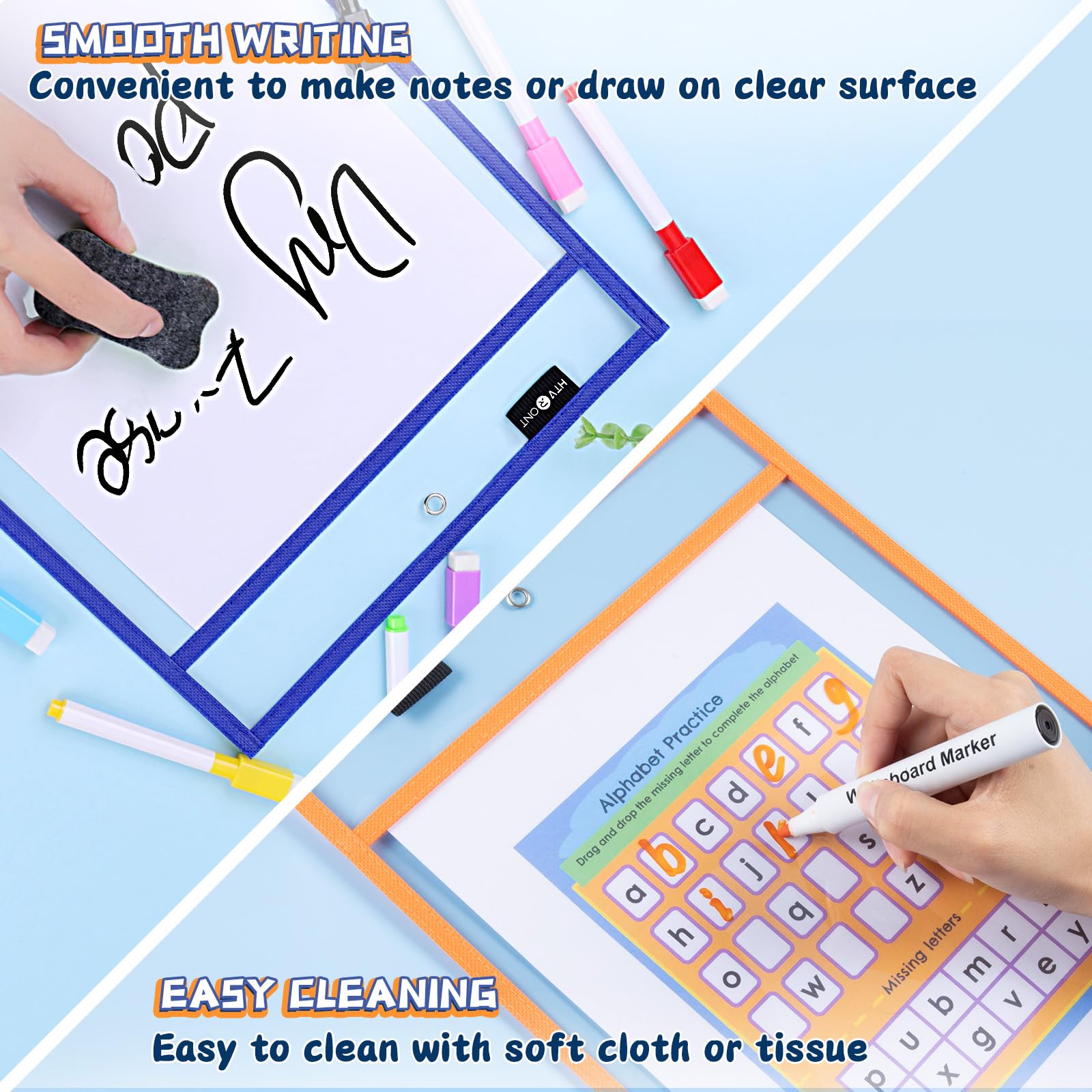 HTVRONT Oversized Dry Erase Pockets - 30 Pack Reusable Sleeves with Rings, Clear Plastic Sheet Protectors for Classrooms, Teachers, Schools, Shops, Ticket Holders - Image 3