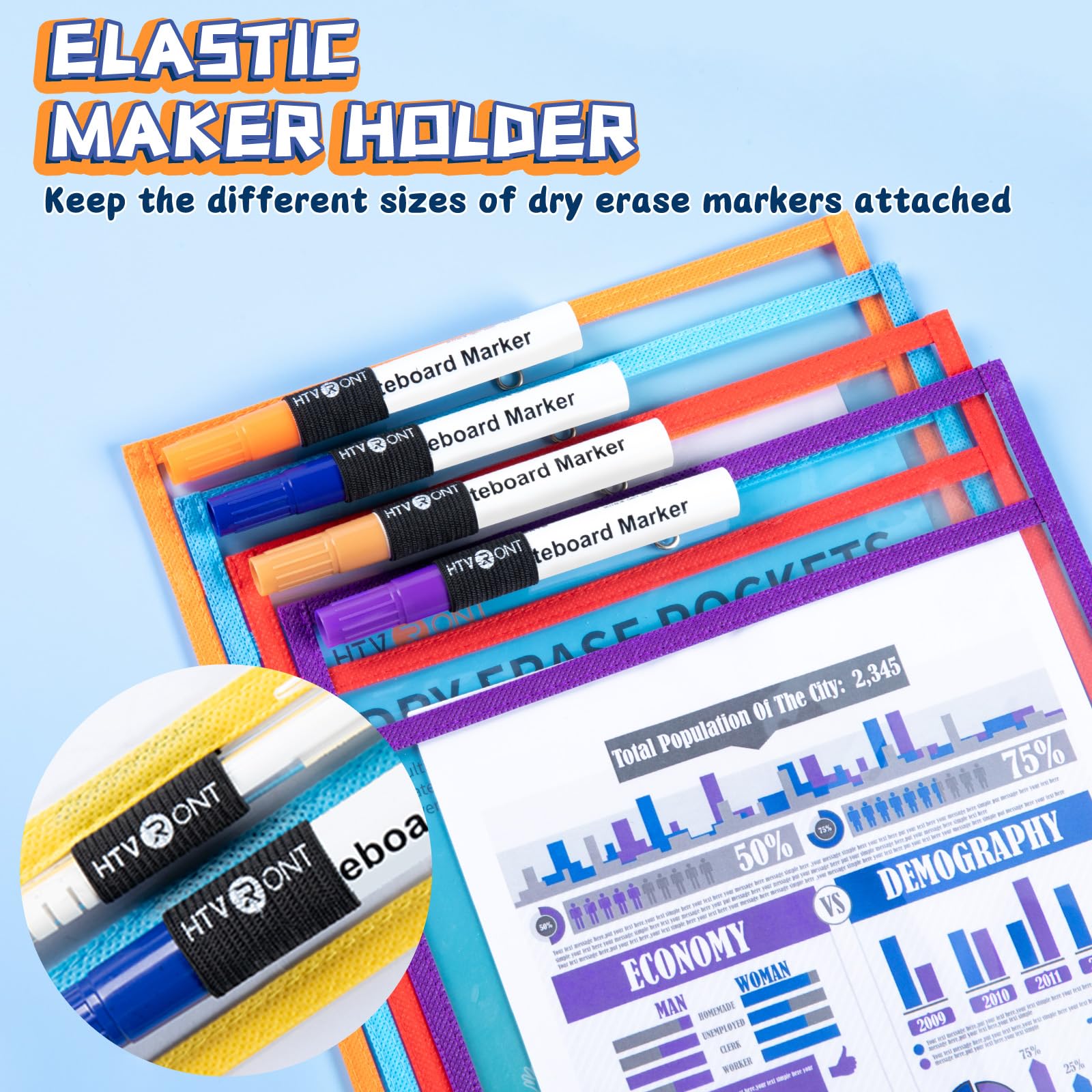 HTVRONT Oversized Dry Erase Pockets - 30 Pack Reusable Sleeves with Rings, Clear Plastic Sheet Protectors for Classrooms, Teachers, Schools, Shops, Ticket Holders - Image 4