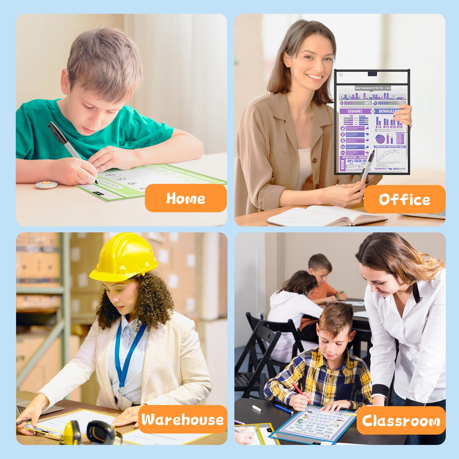 HTVRONT Oversized Dry Erase Pockets - 30 Pack Reusable Sleeves with Rings, Clear Plastic Sheet Protectors for Classrooms, Teachers, Schools, Shops, Ticket Holders - Image 6