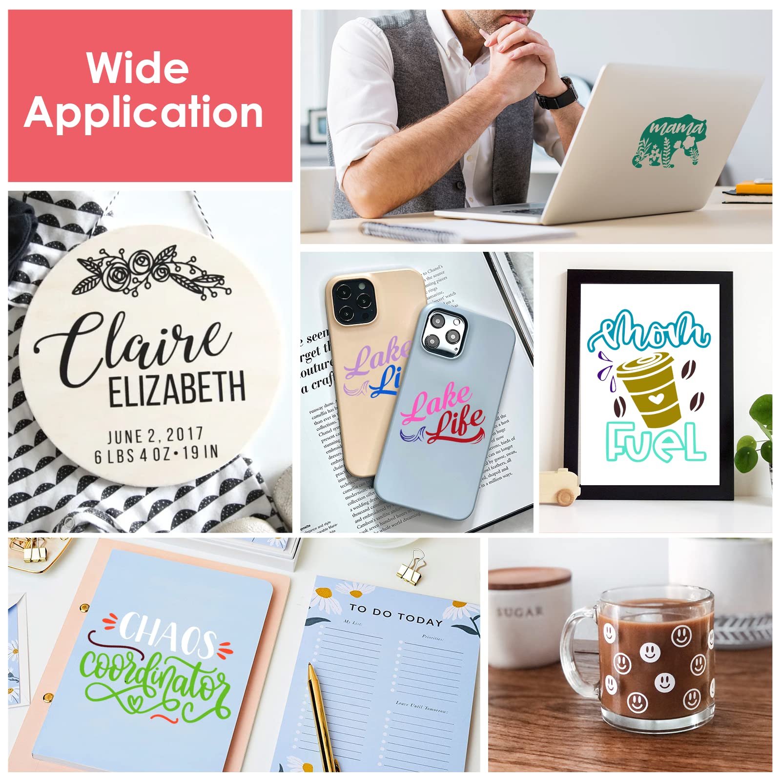 HTVRONT Permanent Vinyl for Cutting Machine-100 Pack 12 "x12 Adhesive Vinyl Sheets Set, 90 Sheets Permanent Bundle & 10 Transfer Tape for Projects and Crafting - Image 7