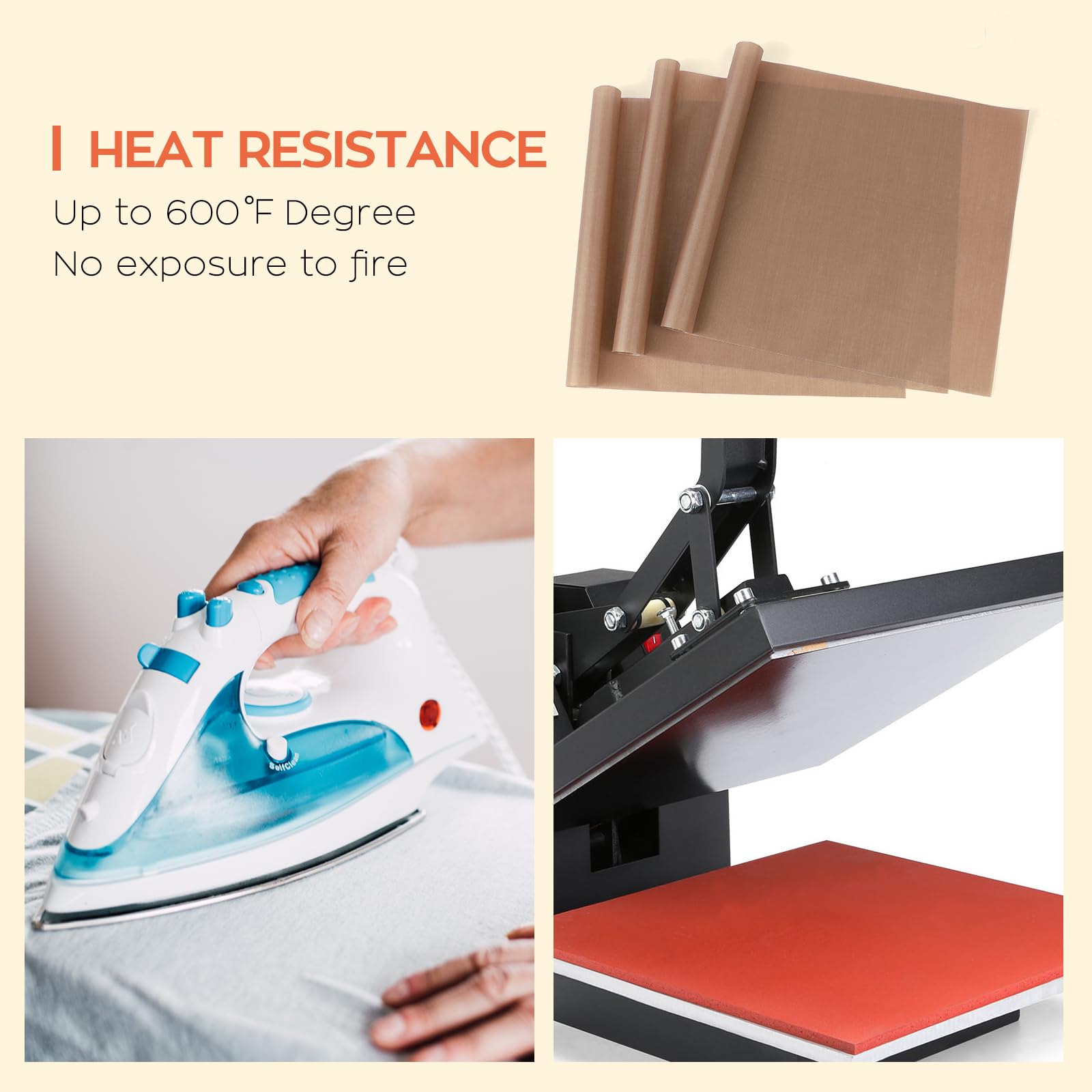 HTVRONT PTFE Sheets for Heat Press - 3 Pack Non Stick PTFE Polytetrafluoroethylene Sheet Reusable 12 x 16" PTFE Coating Paper Heat Resistant PTFE Mat(Brown) - Image 5