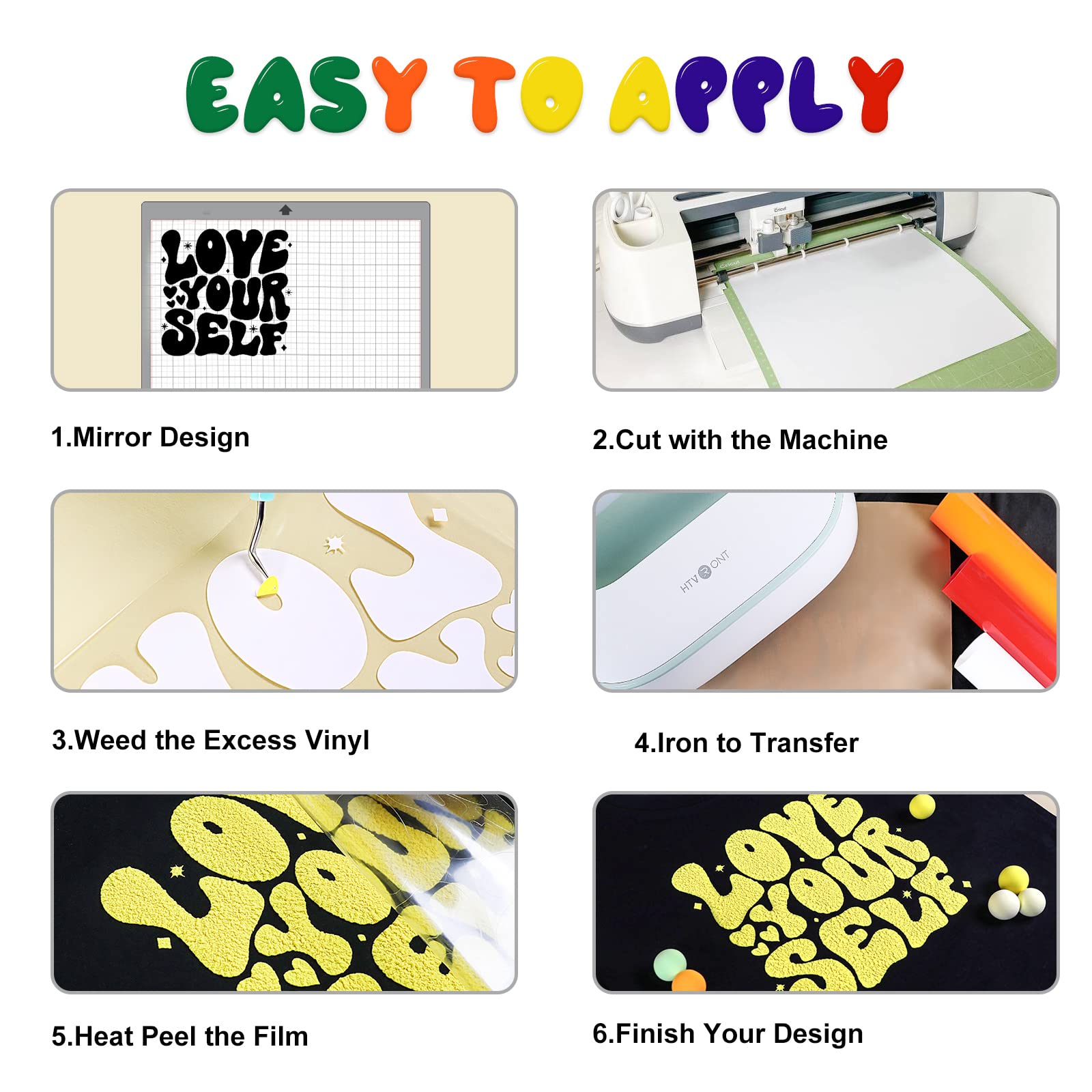 HTVRONT Puff Vinyl Heat Transfer-8 Pcs 3D Puff Vinyl in 8 Assorted Colors, 3D Puff Heat Transfer Vinyl for T-Shirts, 12x10 Puff HTV Compatible with Cricut Cutting Machine or Heat Press Machine - Image 5