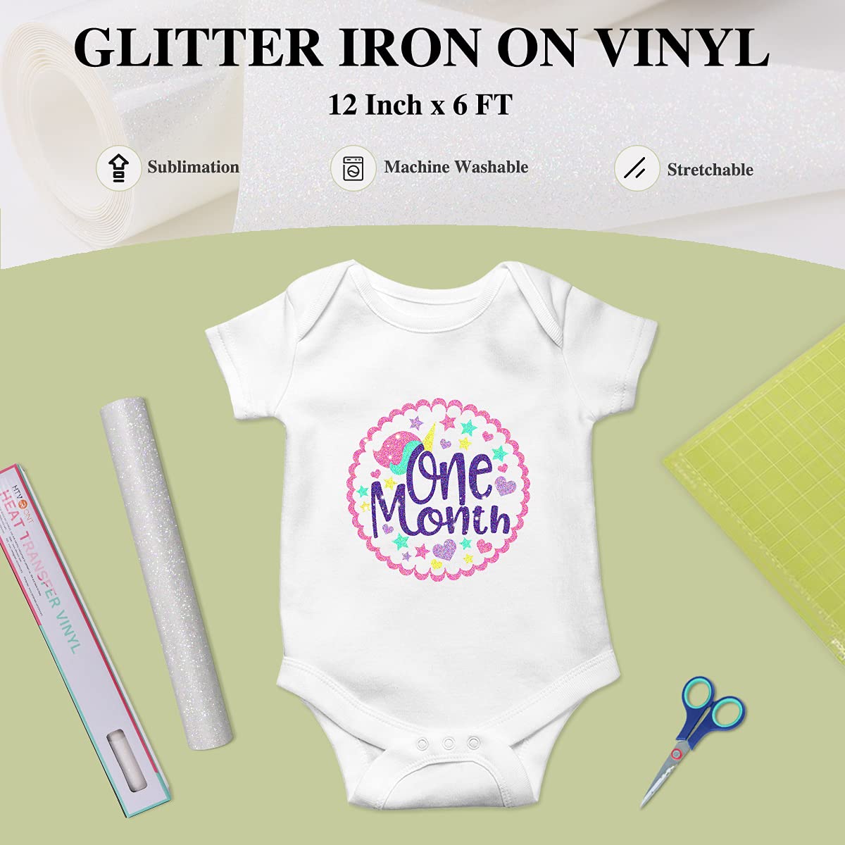 HTVRONT Rainbow White Glitter HTV Vinyl Roll-12" x 6 FT White Glitter Heat Transfer Vinyl Bundle, White Glitter Iron on Vinyl for All Cutting Machines - Image 5