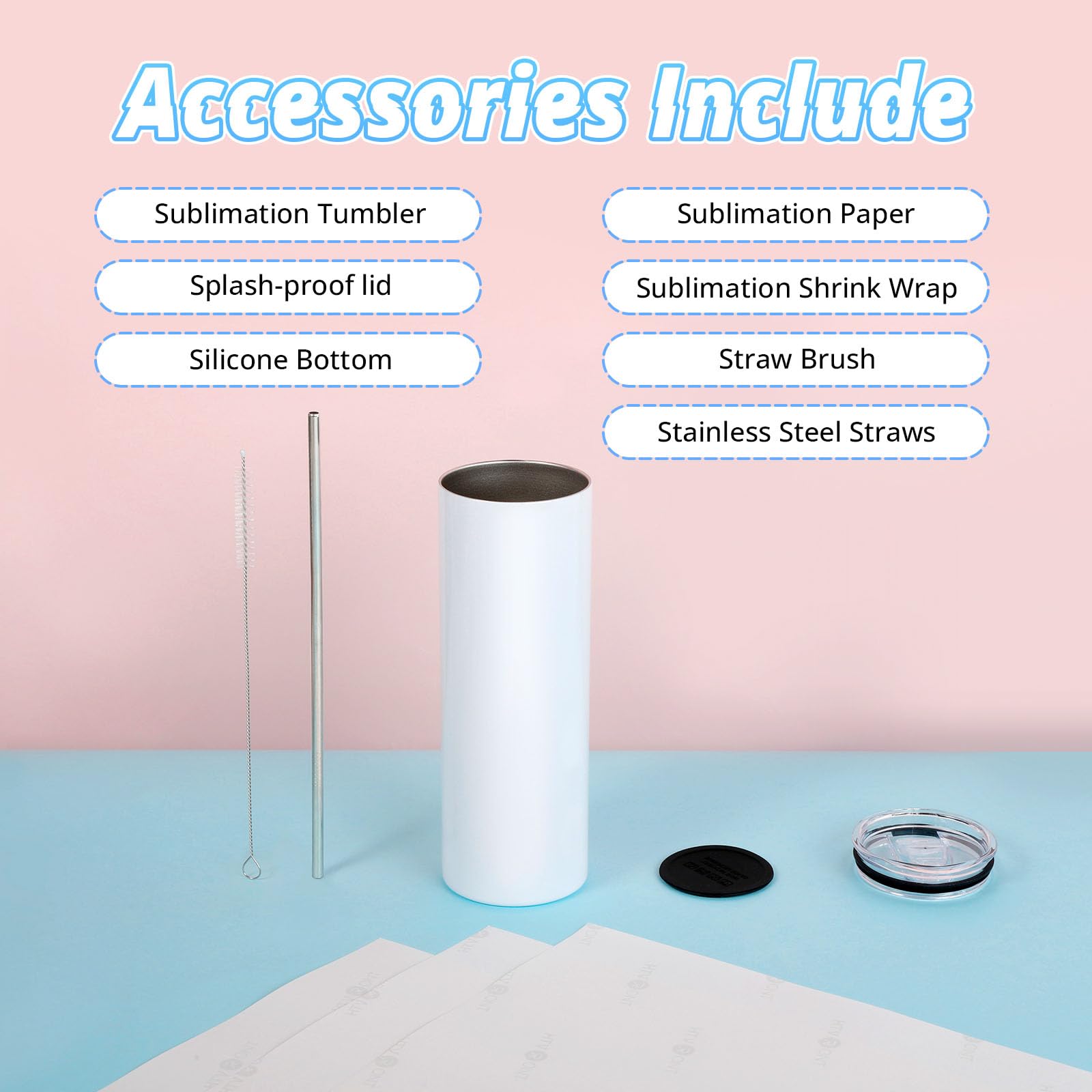 HTVRONT Sublimation Tumblers 12 PCS - 20 OZ Sublimation Tumbler Blanks with Sublimation Paper/Shrink Wrap Films/Heat Tape/Straws/Straw Brush - Sublimation Blanks Products for Gift/DIY Craft - Image 5