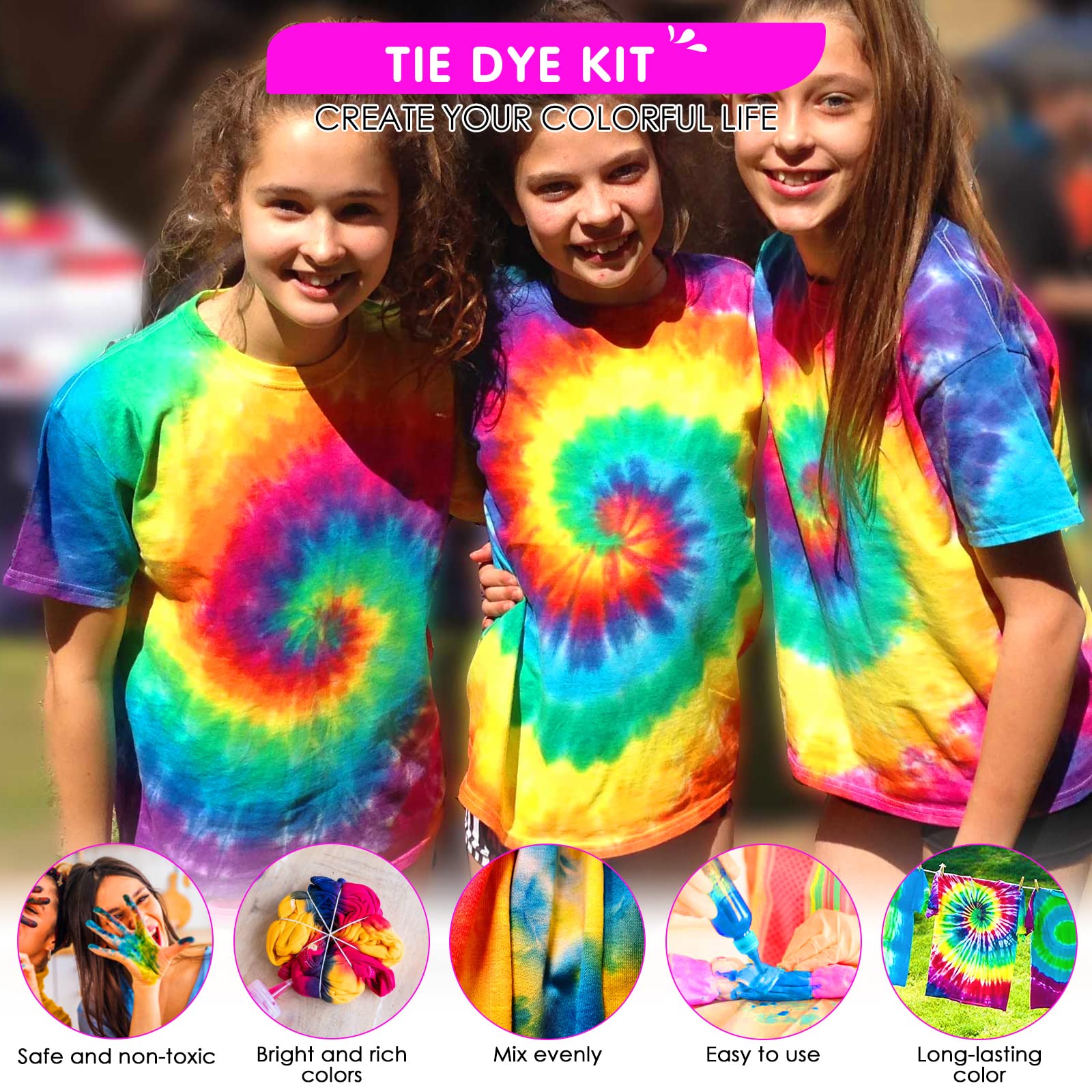HTVRONT Tie Dye Kit - 32 Vibrant Colors Pre-Filled Bottles Tyedyedye Kit, Permanent Non-Toxic for Large Groups Kids Adults,Tye Fabric Textile Handmade Party(Just Add Water) - Image 5