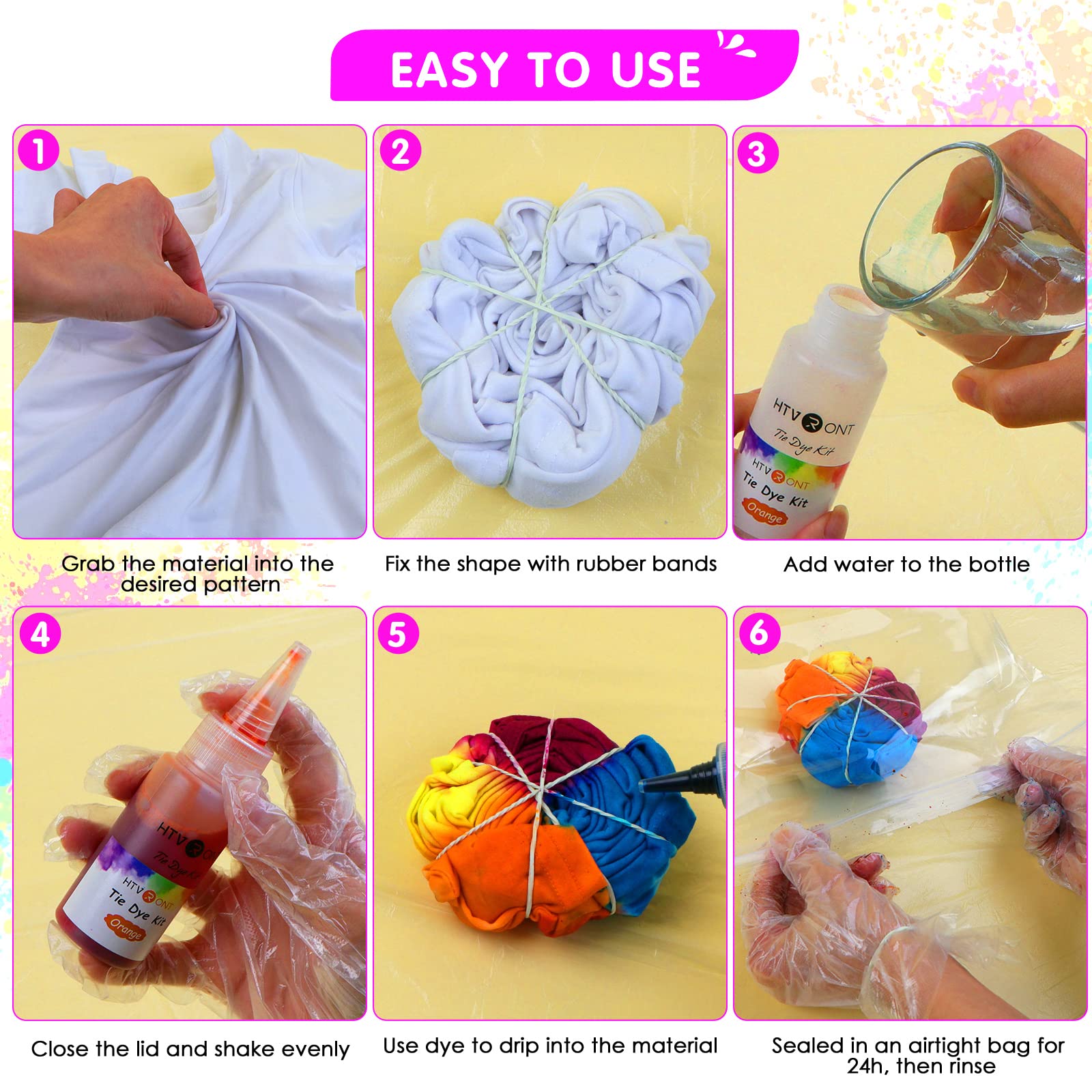 HTVRONT Tie Dye Kit - 32 Vibrant Colors Pre-Filled Bottles Tyedyedye Kit, Permanent Non-Toxic for Large Groups Kids Adults,Tye Fabric Textile Handmade Party(Just Add Water) - Image 6